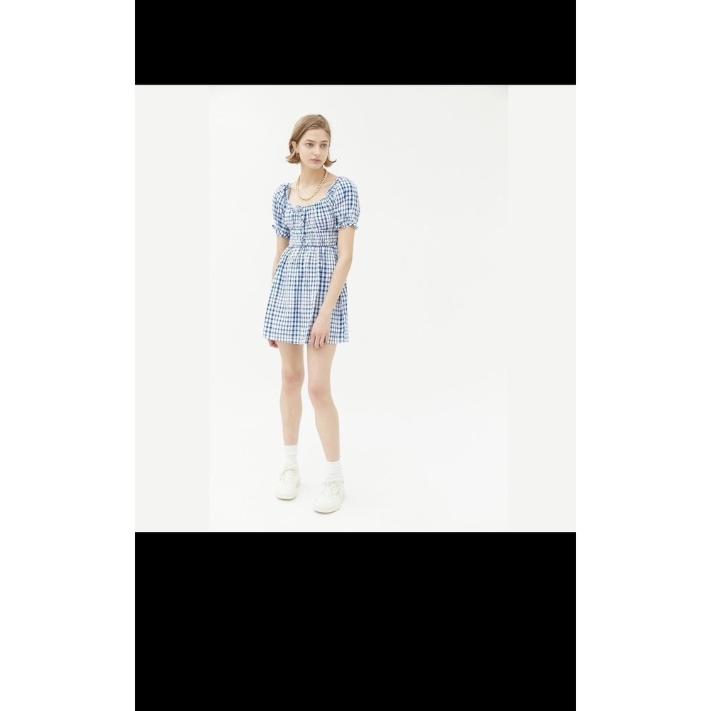 Urban Outfitters UO Pixie Milkmaid Gingham Smocked Mini Dress Blue White M NWT